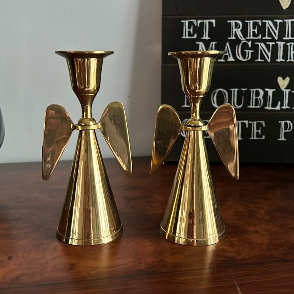Vintage Solid Brass Angel Candlesticks Set of 2 Made in India Candle Holder